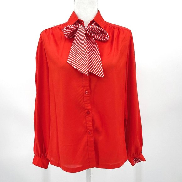 Vintage Tops - Vtg Lady Manhattan Orange Pussy Bow Button Blouse